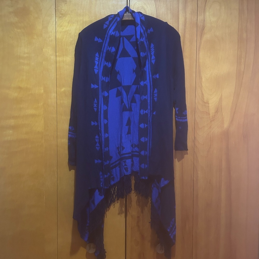 Energe World Wear Cardigan Womens M Blue Aztec Print Fringe Southwestern Boho‎